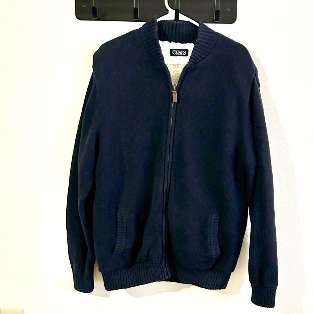 Chaps Men's Navy Blue Full Zip Heavy  Fleece Sherpa Lined Knit Sweater Jacket..L